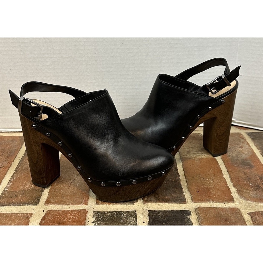 Gianni Bini Black Leather Studded Platform Clogs Mules Boho Wood Heel Women's 10